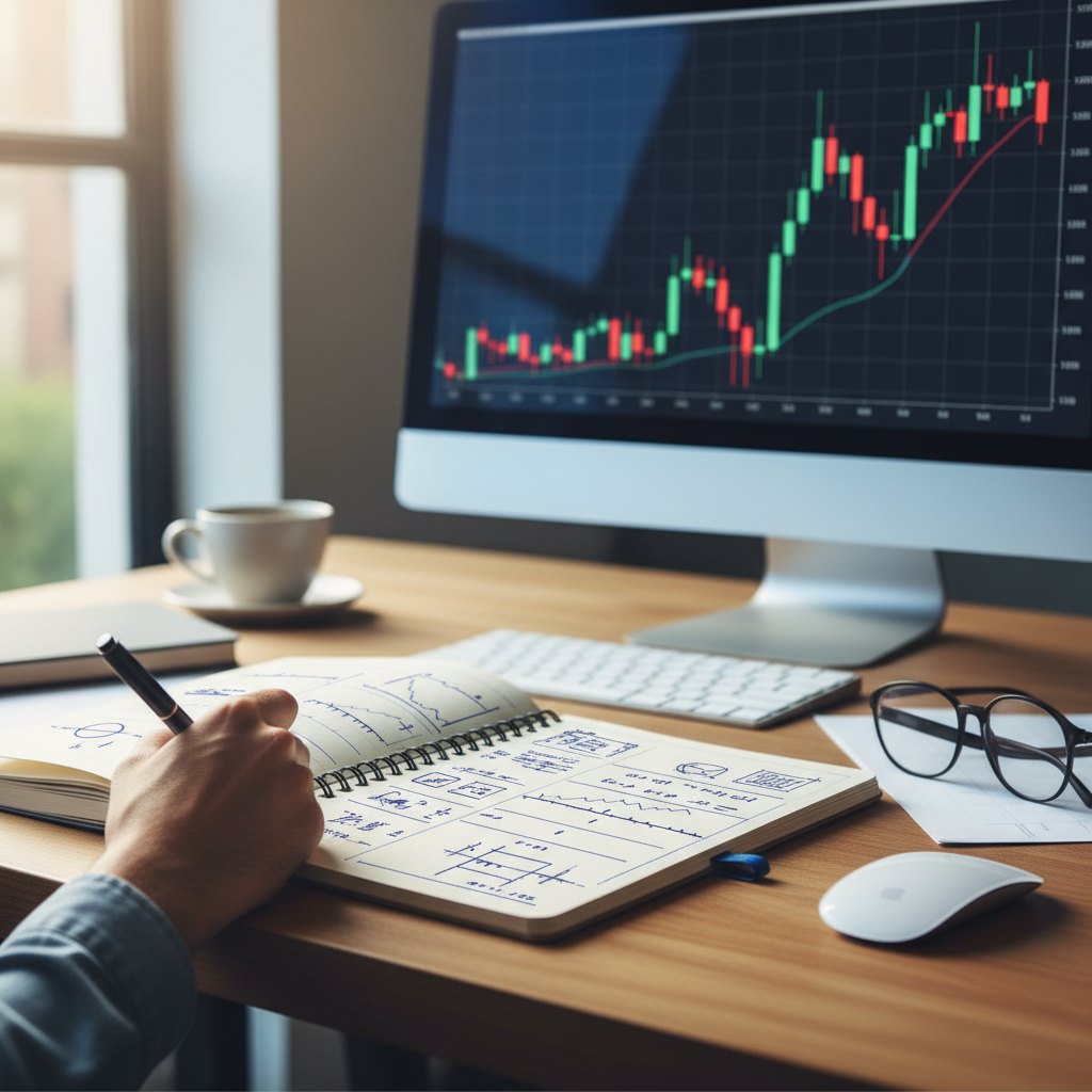 Close-up of a hand writing notes in a trading journal with a chart glowing on a monitor behind it
